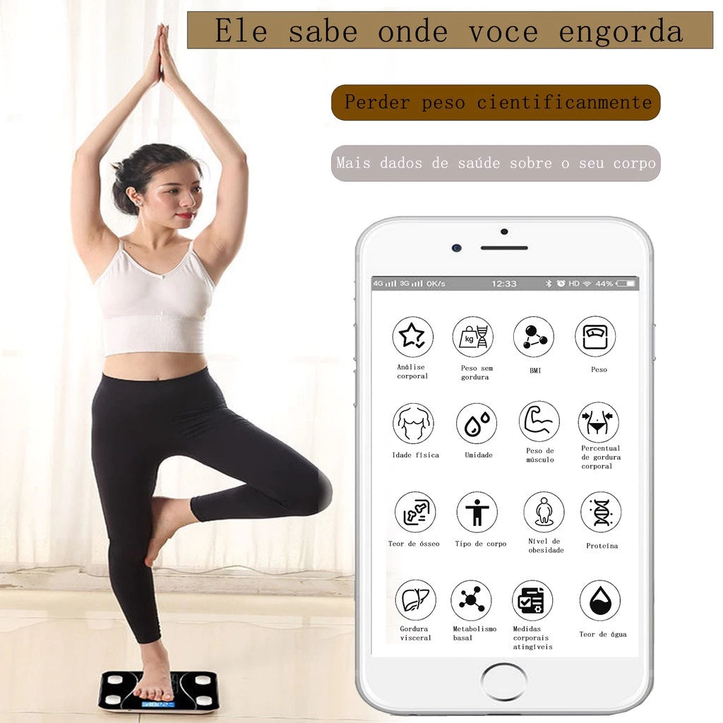 Balança Inteligente Corporal com Bioimpedância e Bluetooth | App Grátis | Suporta até 180kg