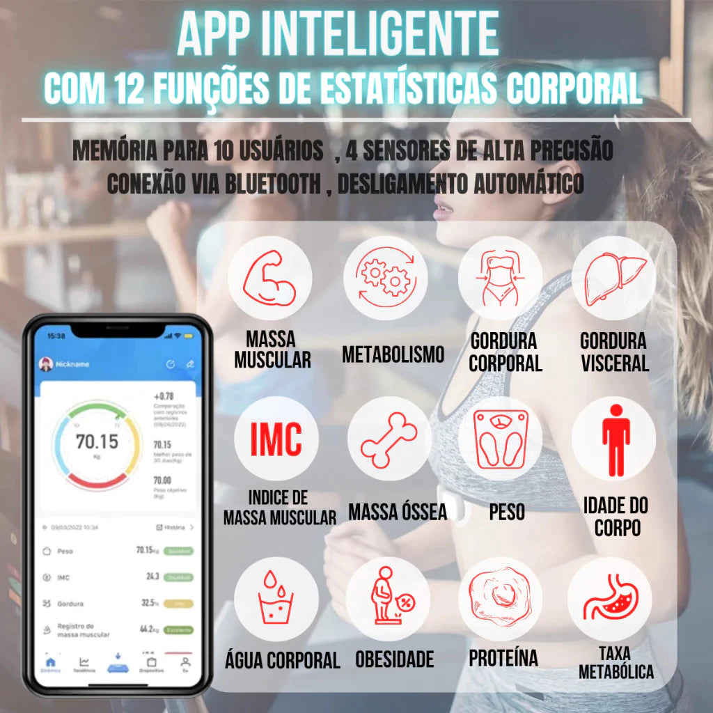 Balança Inteligente Corporal com Bioimpedância e Bluetooth | App Grátis | Suporta até 180kg