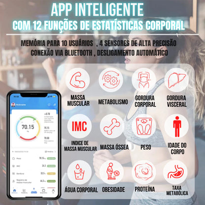 Balança Inteligente Corporal com Bioimpedância e Bluetooth | App Grátis | Suporta até 180kg