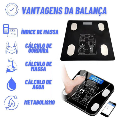 Balança Inteligente Corporal com Bioimpedância e Bluetooth | App Grátis | Suporta até 180kg